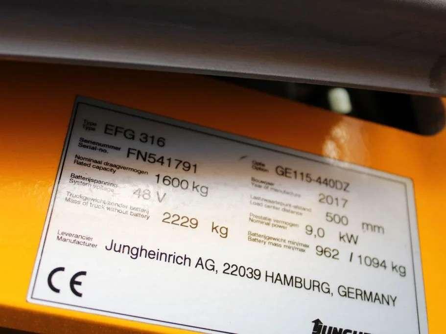 Jungheinrich EFG316 heftruck elektrische 3-delige mast sideshift accu bj 2021 Foto 11